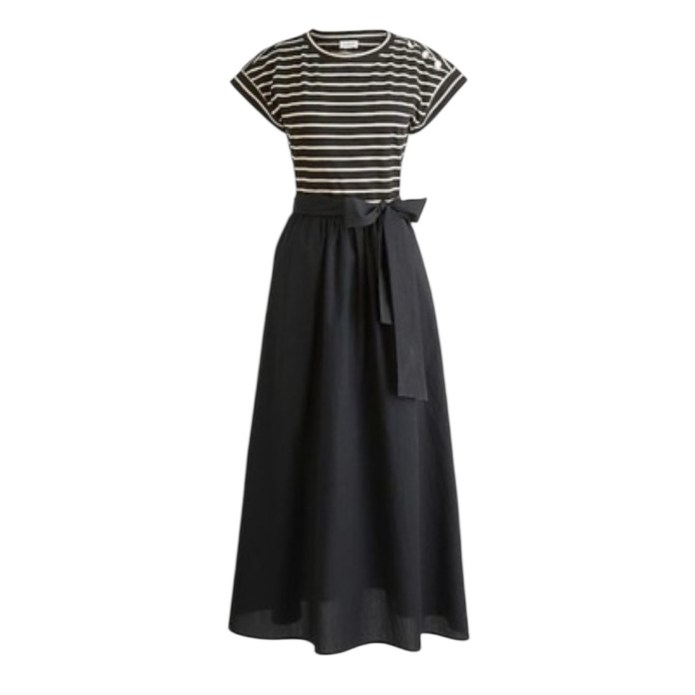J.Crew Factory Button-shoulder tie-waist knit mixy dress in black khaki stripe